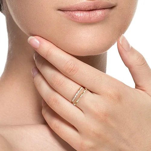 Vista 2 de Anillos de promesa de oro, anillos de joyería para mujer, redondos con forma rectangular blanca, moissanita, oro amarillo