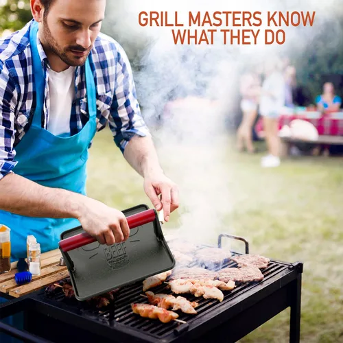 Vista 6 de The Beef Master - Prensa de Parrilla de Hierro Fundido - Prensa de Hamburguesas XL, Prensa de Plancha Pre-Sazonada, Prensa de Carne Resistente