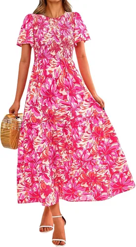 Vista 17 de PRETTYGARDEN - Vestido largo casual de verano para mujer, manga corta acampanada, bohemio, floral, cuello redondo, vestido blusón, escalonado