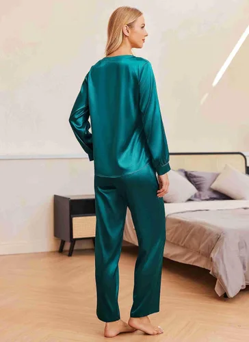 Vista 2 de Ekouaer Conjunto de pijama sedoso de satén para mujer, camiseta de manga larga con pantalón largo de pijama, pijama suave