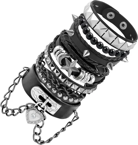Vista 8 de ZLFSRQ Pulseras Emo Punk Rock Studded Pulsera para Mujeres Hombres Gótica Cuero Spiked Pulseras Emo Accesorios de Joyería