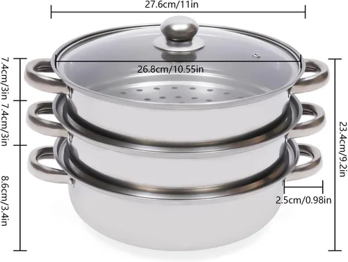 Vista 2 de Vaporizador de 3 niveles de acero inoxidable para cocinar con tapa de vidrio templado para cocinar alimentos al vapor 28cm/11in