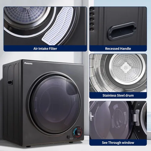 Vista 5 de Secadora portátil para lavandería de 3.5 pies cúbicos, secadora compacta de 1500 W para apartamento, secadora de ropa de carga frontal con bañera