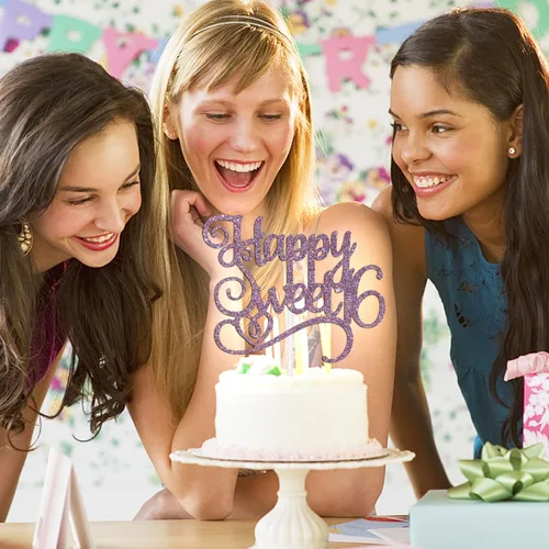 Vista 3 de Happy Sweet 16 - Decoración para tartas de cumpleaños de 16 años, decoraciones de feliz cumpleaños de 16 años para niñas y niños, purpurina morada