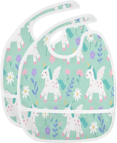 Vista 2 de Adjustable Muslin Baby Bibs with Snap 2 Pack Baby Spit Throw Up Cute Unicorns Light Green baberos para nino paquete