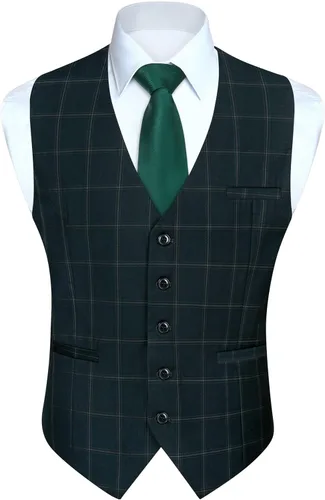 Vista 14 de HISDERN Vest 101 - Chaleco de traje ajustado para hombre con 3 bolsillos para negocios, formal, boda, baile de graduación y esmoquin casual a1-Negro