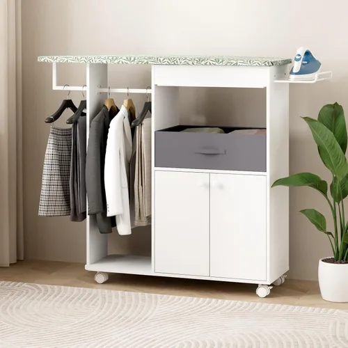 Vista 10 de Tabla de planchar con ruedas con armario de almacenamiento, armario de tabla de planchar de madera con cajón, mesa de planchar compacta que ahorra