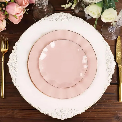 Vista 78 de Tableclothsfactory Paquete de 10 platos redondos de plástico negro de 6 pulgadas para ensalada de postre, platos desechables con borde ondulado