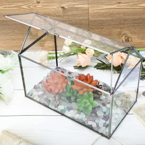 Vista 8 de HighFree Terrario geométrico de vidrio con tapa acrílica, terrario negro con forma de casa con agujeros de respiración para caracoles, suculentas