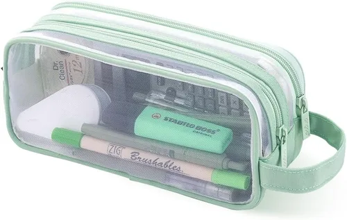 Vista 14 de Oyachic Estuche para lápices de 2 compartimentos de malla transparente para bolígrafos, bolsa de cosméticos para maquillaje, bolsa de cosméticos