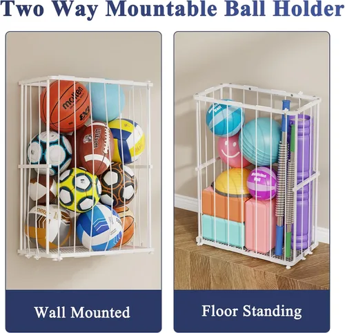 Vista 5 de Garage Ball Storage, Wall-Mounted & Floor Ball Holder with Elastic Rope, Sports Equipment Organize Ball Rack for Basketball, Soccer, Volleyball