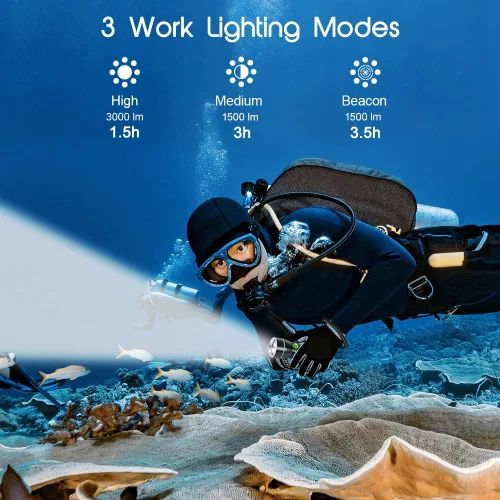 Vista 3 de APLOS Linterna de buceo AP30 3000lm con 3 modos, indicador de alimentación, IPX8 impermeable profesional recargable luz de buceo