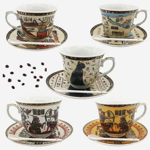 Vista 9 de Juego de tazas y platillos de café expreso de cerámica dorada egipcia, taza Demitasse de 3.4 oz/3.4 fl oz, regalo de porcelana para cumpleaños