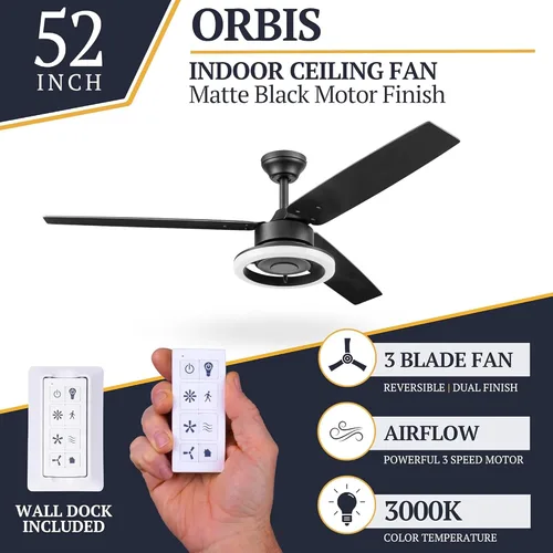 Vista 3 de Prominence Home Orbis - Ventilador de techo moderno para interiores de 52 pulgadas con luz LED, control remoto, motor reversible, 3 aspas de doble