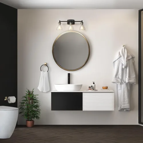 Vista 2 de GLOBE Electric 63000062 - Juego de baño todo en uno de 5 piezas, negro mate y latón, luz de tocador de 3 luces, vidrio sembrado, toallero, soporte