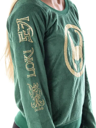 Vista 3 de Marvel Comics Loki - Camisa de dormir para mujer, diseño de forro polar, manga larga, con purpurina, color dorado
