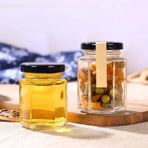 Vista 3 de Tarros hexagonales transparentes de 4 onzas, pequeños frascos de vidrio para miel con tapas (negras), tarros Mason para hierbas, alimentos