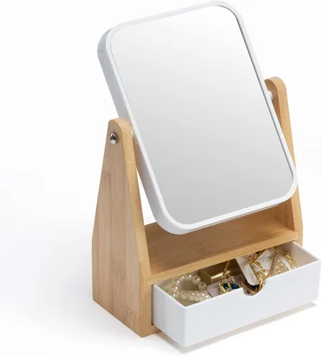 Vista 7 de YEAKE Espejo de maquillaje de tocador con soporte de bambú natural, espejo de aumento de doble cara 1X/3X con cajón, espejo portátil de mesa pequeño