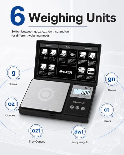 Vista 4 de MAXUS - Báscula de bolsillo digital de gramos 500 g x 0,01 g de alta precisión con bandeja, pesa alimentos pequeños, joyas, onzas, granos, pantalla