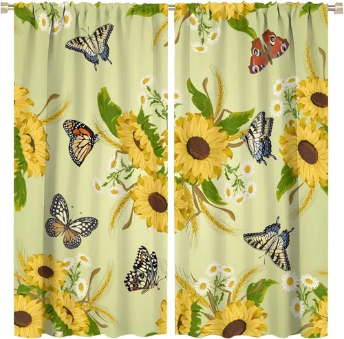 Vista 33 de Cortinas opacas de girasol, diseño natural, de granja, floral, con bolsillo para barra, para ventana, para dormitorio, sala de estar, 42 x 45