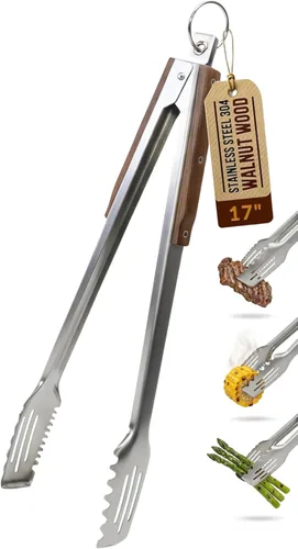Vista 9 de Juego de herramientas profesionales para barbacoa de madera de acacia (3 piezas) – Kit de accesorios de parrilla de acero inoxidable resistente