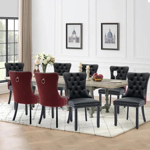 Vista 74 de Juego de 2 sillas de comedor de terciopelo con patas de madera, color beige Mid Century Modern Dining Chairs,Upholstered Chairs with Nailhead