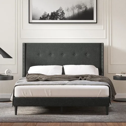 Vista 9 de Glenwillow Home MCM - Marco de cama con plataforma tapizada, botón con ribete de cabeza de clavo, respaldo de ala, base de colchón, no necesita Beige