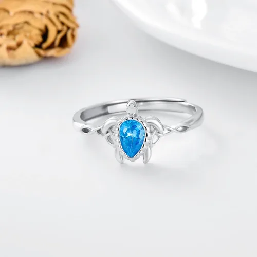 Vista 2 de Anillo ajustable de tortuga marina de plata de ley 925 con nudo celta tortuga Rin verano océano playa tortuga joyería para mujer