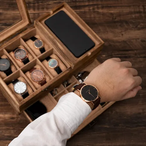 Vista 4 de Pinzoveco Caja Organizadora de Relojes para Hombres, Caja de Joyería para Hombres de 6 Compartimentos Exhibición y Almacenamiento de Relojes, Caja