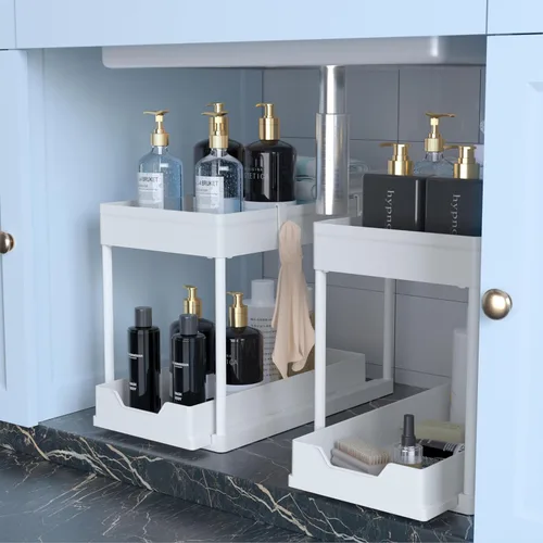 Vista 7 de Organizador para debajo del fregadero, paquete de 2, organizador de baño extraíble, organizador de baño y cocina deslizable de 2 niveles