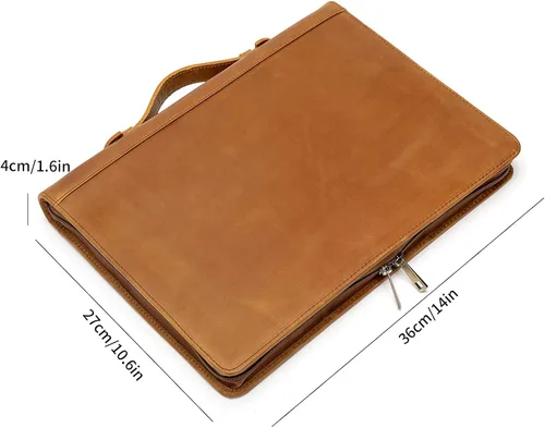Vista 4 de YIWEN Portafolio de cuero genuino hecho a mano, portafolio con cremallera y carpeta de 3 anillos, organizador profesional de negocios, carpeta