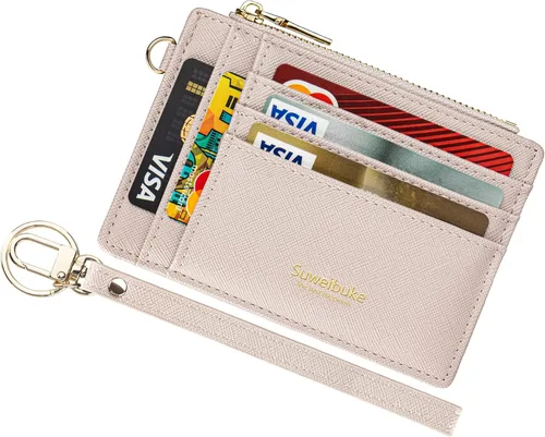 Vista 14 de Cartera delgada para mujer con bloqueo RFID para tarjetas de crédito, porta tarjetas tipo pulsera con cremallera para identificación, cartera