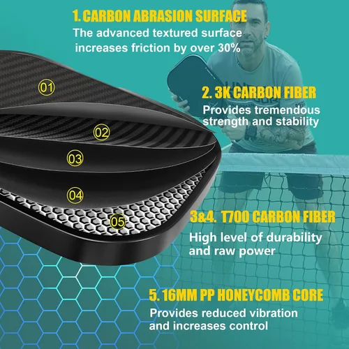 Vista 6 de Pala de Pickleball, Palas de Pickleball - Superficie de Fibra de Carbono Cruda 3K con Gran Rugosidad y Giro, Raqueta de Pickleball T700
