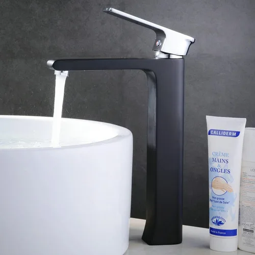 Vista 3 de Leekayer Baño recipiente fregadero grifo cromo sola manija negro pintura un agujero cubierta montaje lavabo mezclador latón