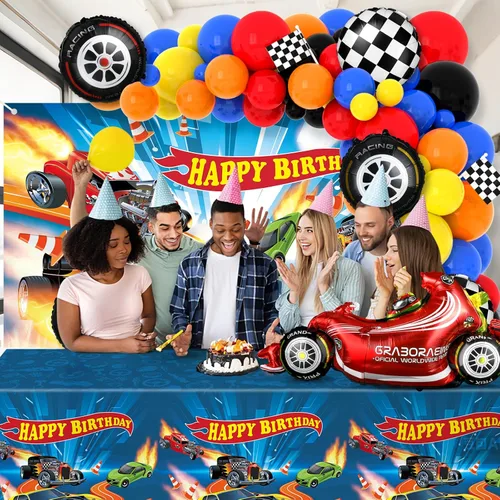 Vista 7 de 134 piezas de suministros de fiesta de cumpleaños de coches de carreras, guirnalda de globos, kit de arco de telón de fondo, mantel de camión