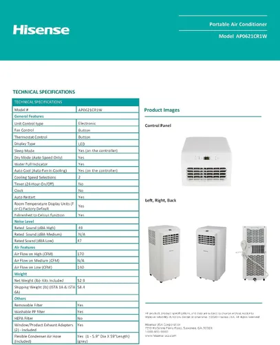 Vista 6 de Hisense Ventilador deshumidificador de enfriamiento portátil de 6,000 BTU para habitaciones más pequeñas de hasta 250 pies cuadrados, control