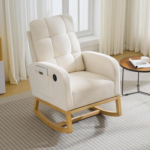 Vista 13 de Garvee Silla mecedora moderna para guardería, cómoda silla mecedora con bolsillo lateral y reposapiés, respaldo alto reclinable para sala