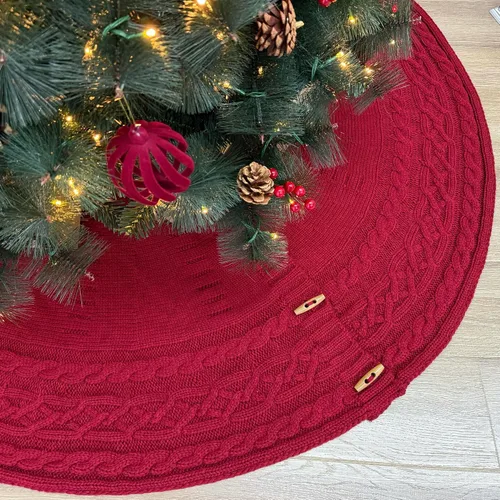 Vista 15 de 36-Inch Cable Sweater Knit Christmas Tree Skirt with Wooden Toggles, Burgundy