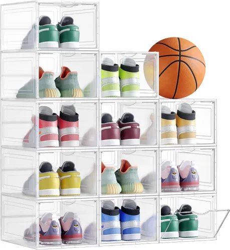 Vista 8 de SONGMICS Cajas de zapatos, organizadores de zapatos transparentes, juego de 6, almacenamiento de zapatos de plástico con puerta transparente, fácil