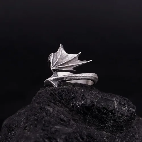 Vista 3 de Anillo de ala de dragón, anillo de cola de dragón, anillo de ala de cola de dragón de plata de ley, anillo de plata de dragón envuelto, anillo