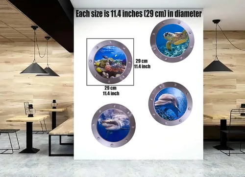 Vista 2 de Calcomanías adhesivas redondas 3D para ventana de ojo de buey de 11 pulgadas, tema oceánico (tortuga marina, tiburón, delfín), calcomanías vinuales