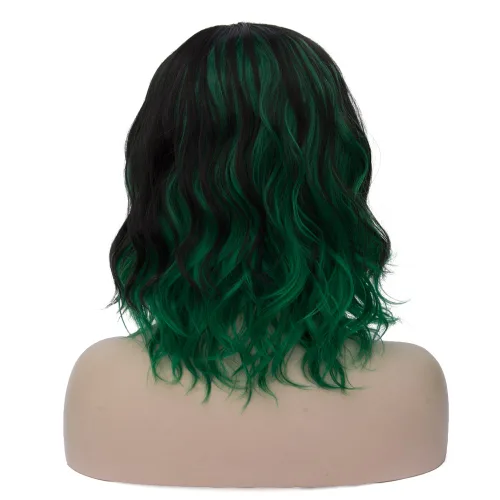 Vista 4 de BERON Pelucas negras y verdes para mujer, peluca ondulada corta y rizada para niñas, color mixto, longitud al hombro, parte lateral, Halloween