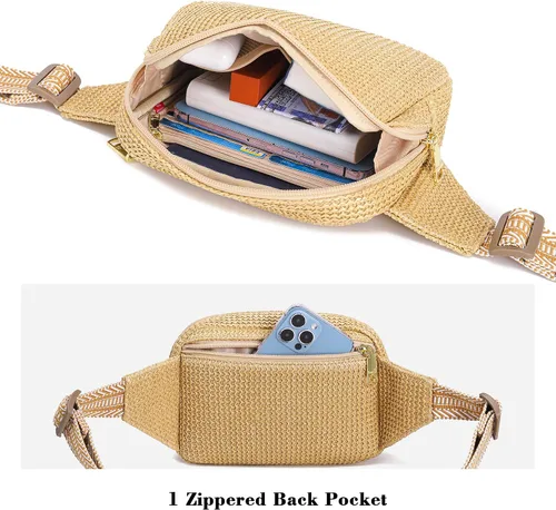 Vista 7 de Riñonera de verano de paja con bloqueo RFID para mujer 2025, bolsa cruzada con correa ajustable, Negro (Boho Black)