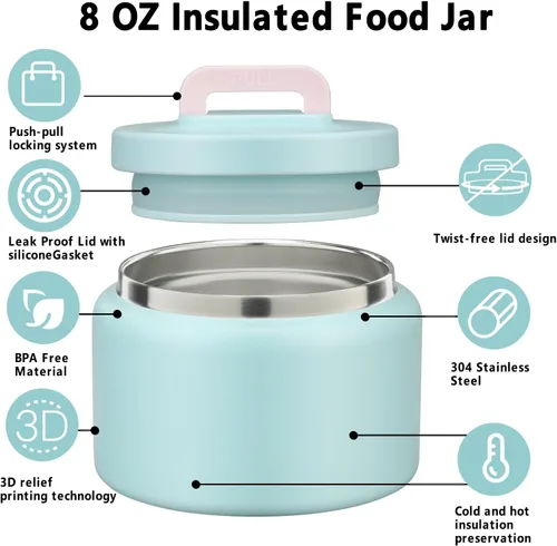 Vista 5 de JXXM Tarro térmico de 8 onzas para alimentos fríos y calientes para niños, recipientes aislados para el almuerzo, tarro de comida caliente, a prueba