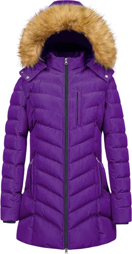 Vista 20 de CREATMO US Abrigo de invierno con capucha para mujer, impermeable, cálido, largo acolchado, parka Azul (Acid Blue)