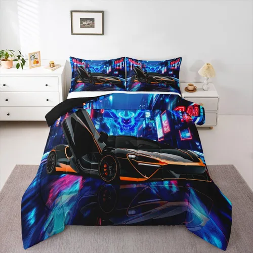 Vista 19 de Feelyou Juego de edredón azul de carreras para niños, juego de ropa de cama de coche deportivo para niños y niños, edredón deportivo geométrico a