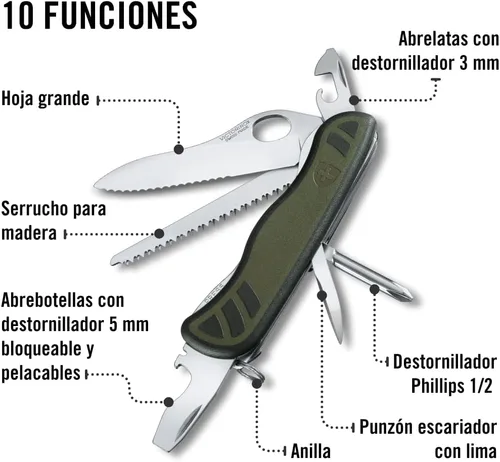 Vista 6 de Victorinox - Cuchillo suizo para soldado 08, 10 funciones, color oliva/negro Large one-handed lock blade with wavy edge, wood saw, screwdrivers