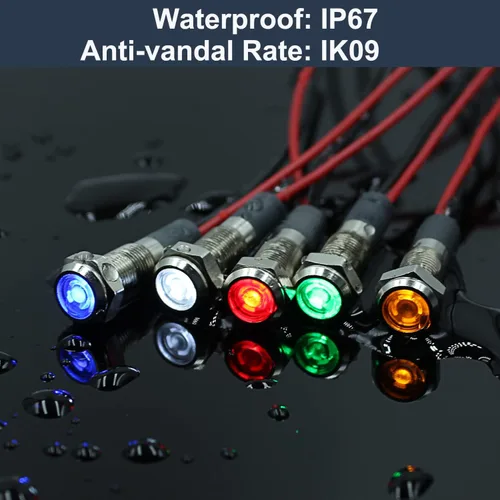 Vista 4 de 5 piezas de luz indicadora LED de 12V-24V de 6mm con orificio de montaje de 1/4" de 20mA, lámpara de señal de metal impermeable IP67 con ahorro
