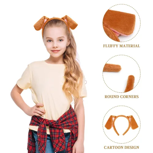 Vista 5 de Diadema de orejas de perro marrones para mujer, aro de pelo de dibujos animados, accesorios para el cabello para niñas, Pascua, Halloween, Navidad