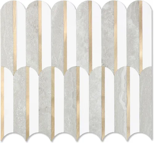 Vista 13 de 10 hojas de escamas de pescado para despegar y pegar para azulejos de pared de cocina, 12 pulgadas, mármol marrón, mezcla de metal dorado, azulejos